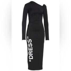Off-White “DRESS” One-shoulder Long Sleeve Midi Black Stretch Dress